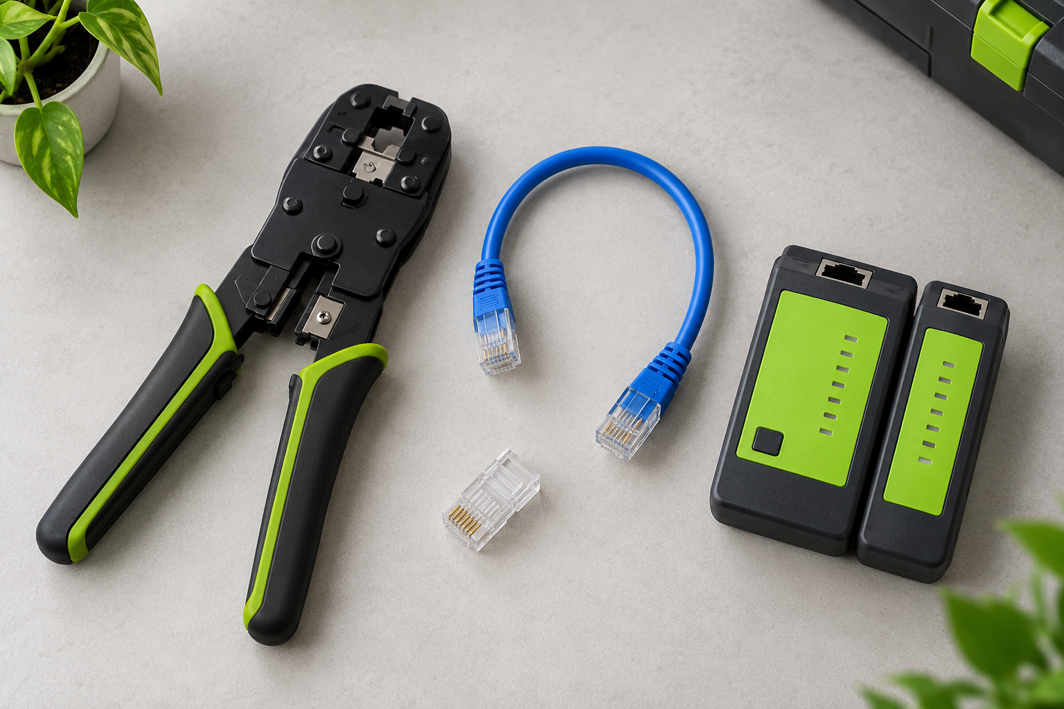 Ilustrační fotografie vytvořená pomocí AI: nářadí, síťový kabel a konektor RJ45